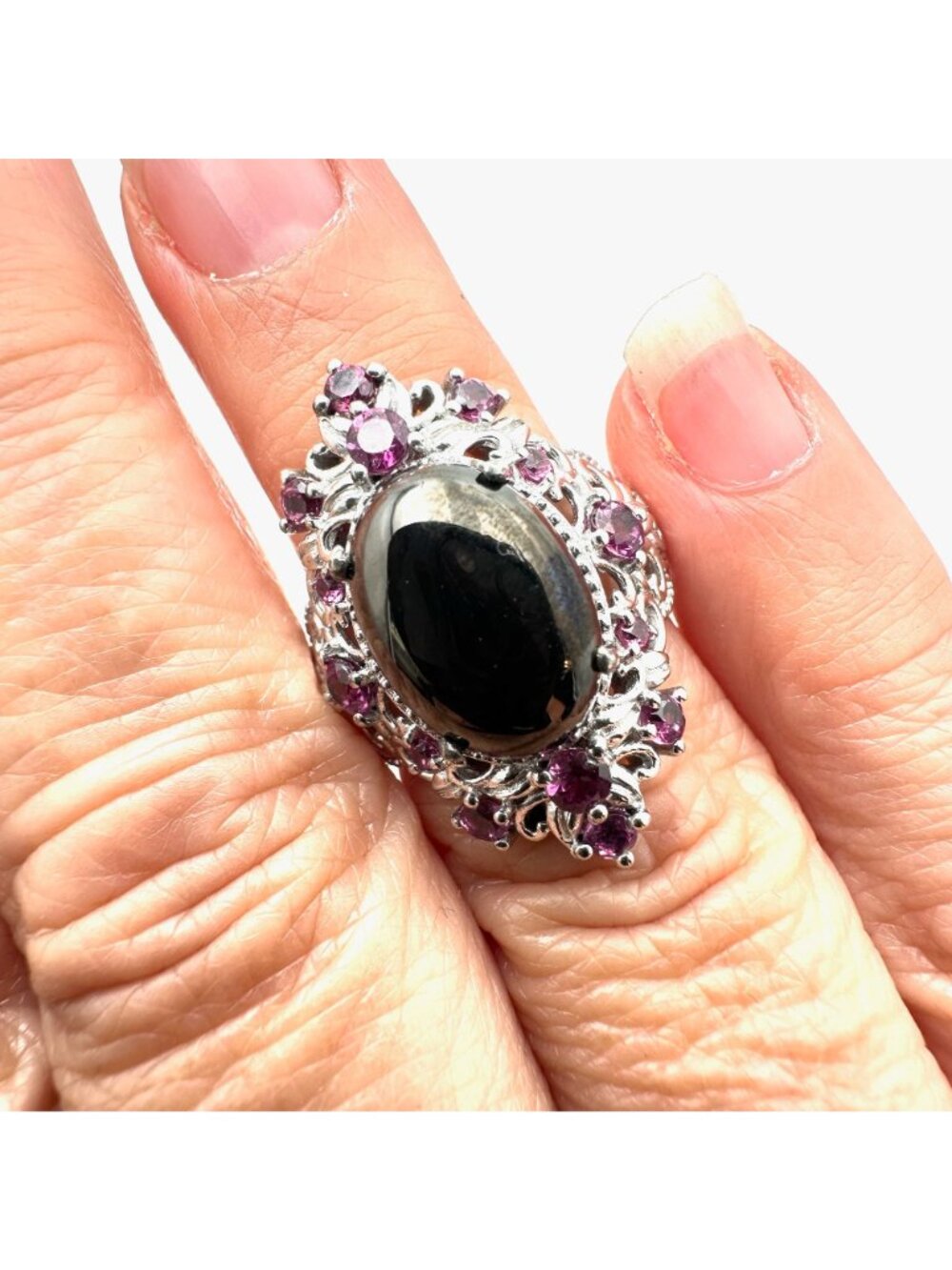 Chuck Celmency Black & Pink Gemstone Statement Ring Sterling Silver Size 6 - Picture 4 of 5